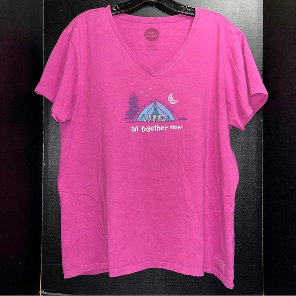 ποΈ Life is Good t-shirt, V-neck, 100% cotton, dark pink/fuchsia, camping theme - Picture 2 of 9